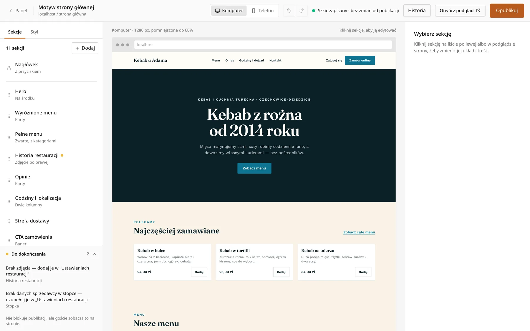 Builder strony: lista sekcji po lewej, podgląd strony lokalu w środku