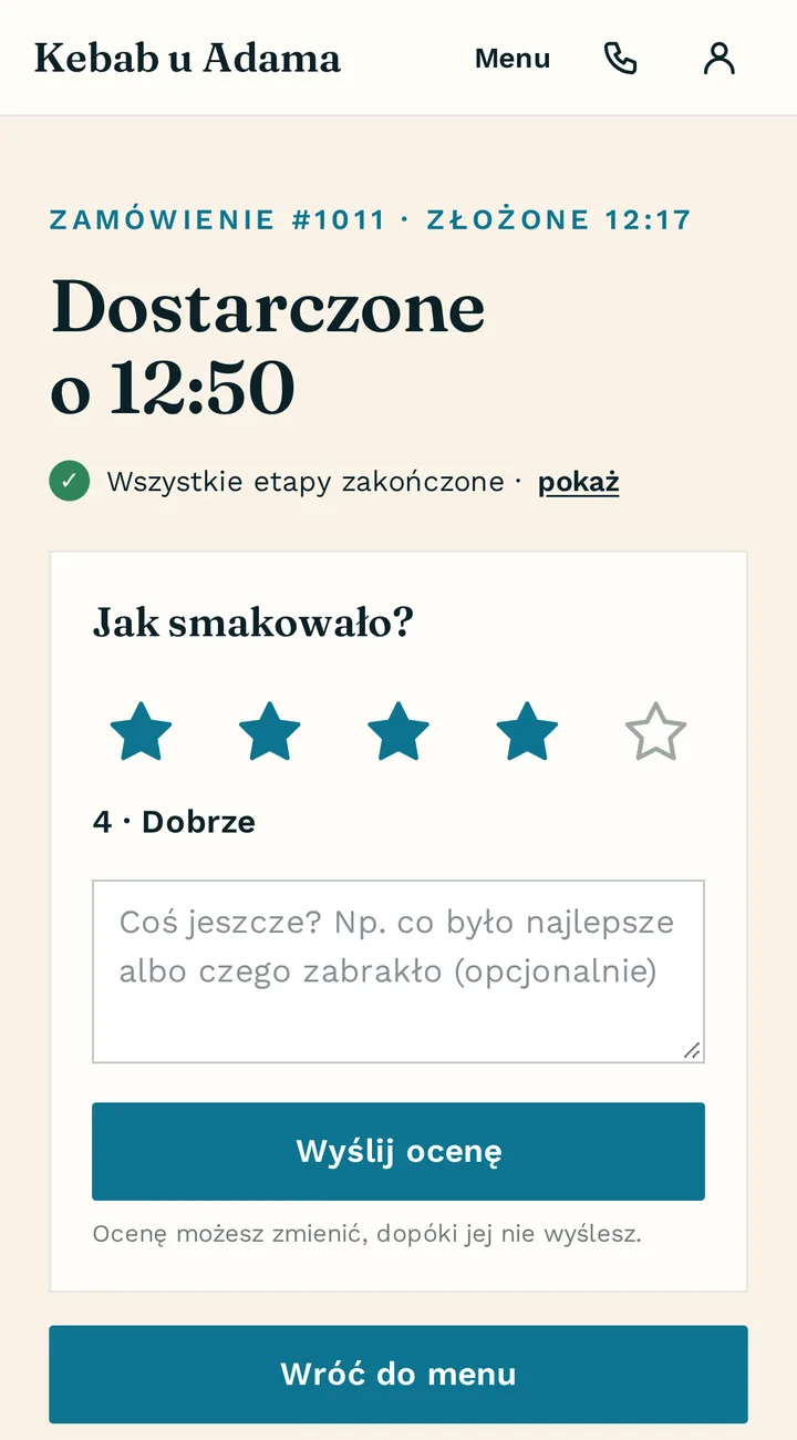 Ekran po dostawie na telefonie: ocena gwiazdkami i pole na komentarz