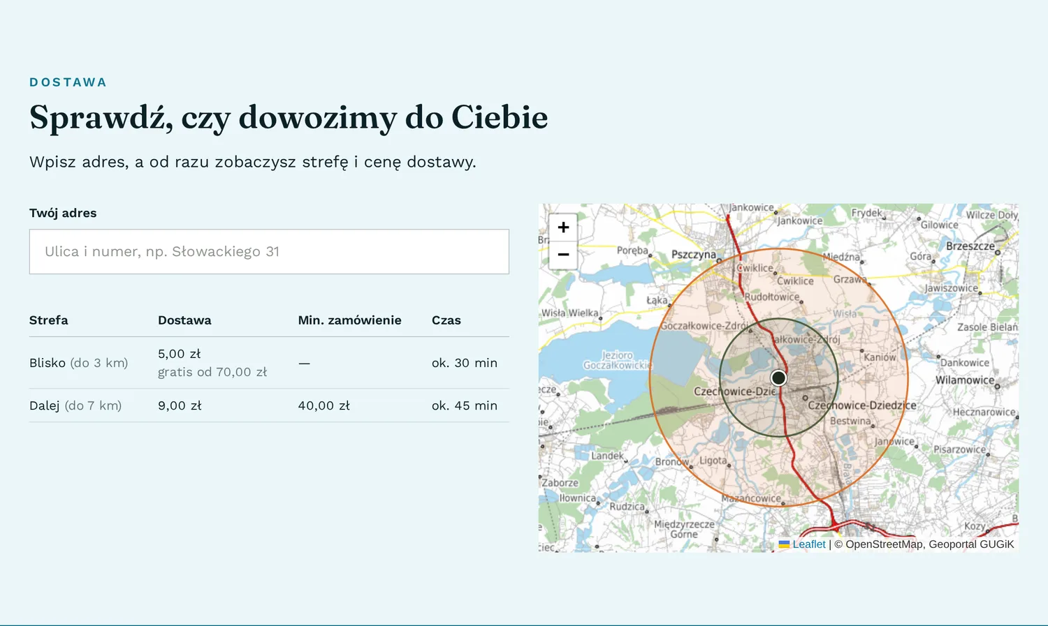 Sekcja dostawy na stronie lokalu: pole adresu, tabela stref i mapa z dwoma promieniami