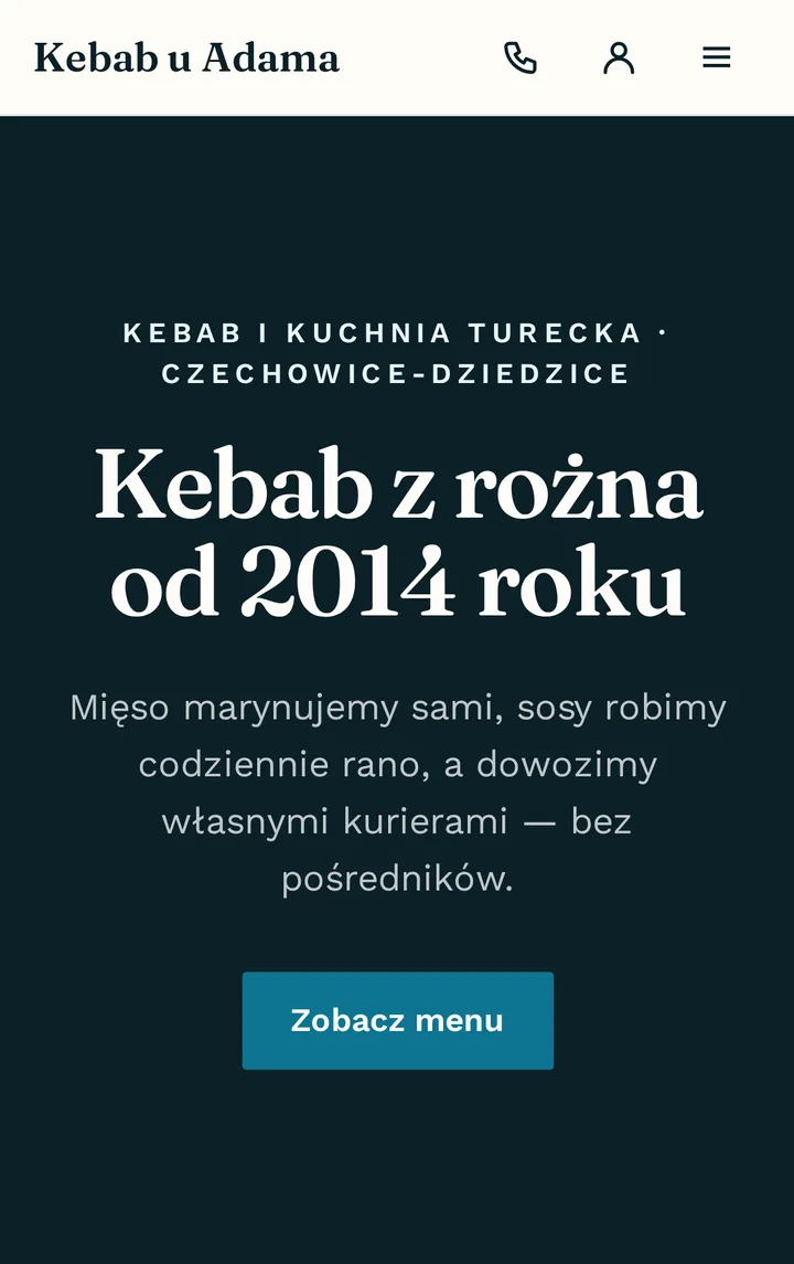 Strona lokalu na telefonie: nagłówek z nazwą i przyciskiem Zobacz menu
